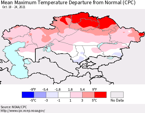 Kazakhstan Mean Maximum Temperature Departure from Normal (CPC) Thematic Map For 10/18/2021 - 10/24/2021