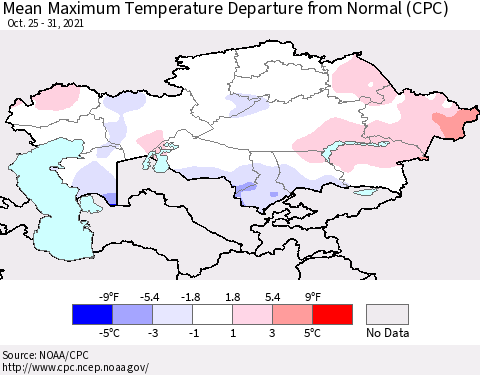 Kazakhstan Mean Maximum Temperature Departure from Normal (CPC) Thematic Map For 10/25/2021 - 10/31/2021