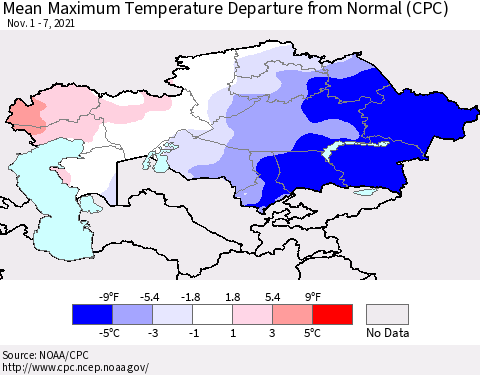 Kazakhstan Mean Maximum Temperature Departure from Normal (CPC) Thematic Map For 11/1/2021 - 11/7/2021
