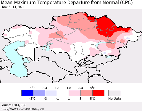 Kazakhstan Mean Maximum Temperature Departure from Normal (CPC) Thematic Map For 11/8/2021 - 11/14/2021