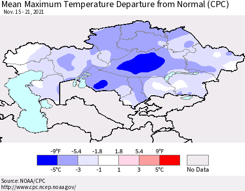 Kazakhstan Mean Maximum Temperature Departure from Normal (CPC) Thematic Map For 11/15/2021 - 11/21/2021