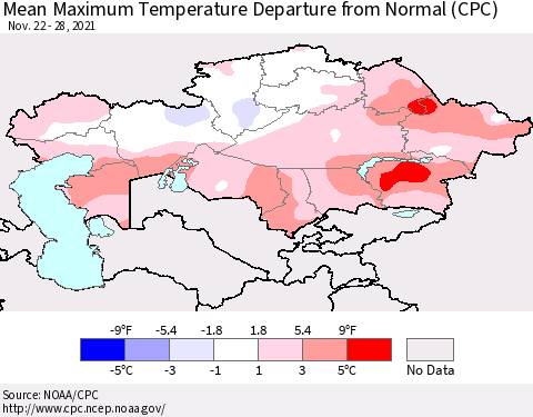 Kazakhstan Mean Maximum Temperature Departure from Normal (CPC) Thematic Map For 11/22/2021 - 11/28/2021