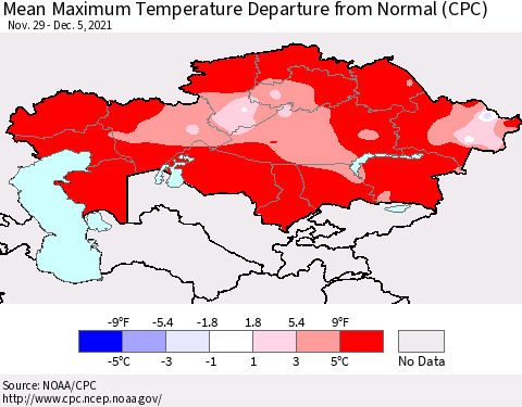 Kazakhstan Mean Maximum Temperature Departure from Normal (CPC) Thematic Map For 11/29/2021 - 12/5/2021