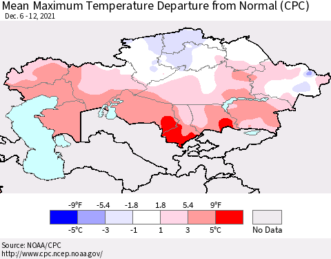 Kazakhstan Mean Maximum Temperature Departure from Normal (CPC) Thematic Map For 12/6/2021 - 12/12/2021