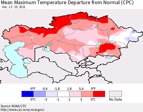 Kazakhstan Mean Maximum Temperature Departure from Normal (CPC) Thematic Map For 12/13/2021 - 12/19/2021