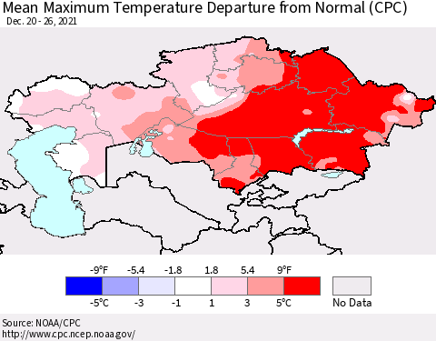 Kazakhstan Mean Maximum Temperature Departure from Normal (CPC) Thematic Map For 12/20/2021 - 12/26/2021