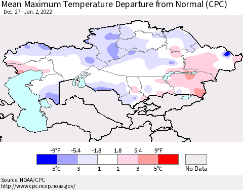 Kazakhstan Mean Maximum Temperature Departure from Normal (CPC) Thematic Map For 12/27/2021 - 1/2/2022