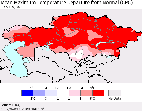 Kazakhstan Mean Maximum Temperature Departure from Normal (CPC) Thematic Map For 1/3/2022 - 1/9/2022