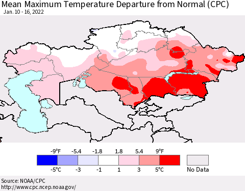 Kazakhstan Mean Maximum Temperature Departure from Normal (CPC) Thematic Map For 1/10/2022 - 1/16/2022