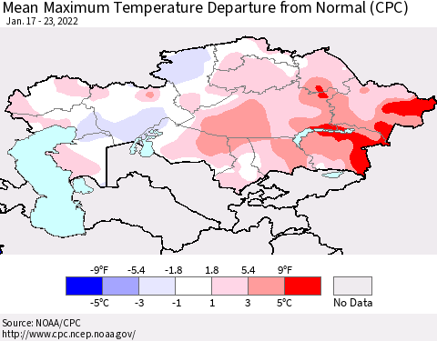 Kazakhstan Mean Maximum Temperature Departure from Normal (CPC) Thematic Map For 1/17/2022 - 1/23/2022