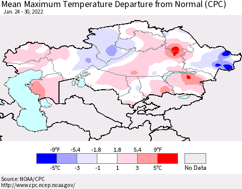 Kazakhstan Mean Maximum Temperature Departure from Normal (CPC) Thematic Map For 1/24/2022 - 1/30/2022