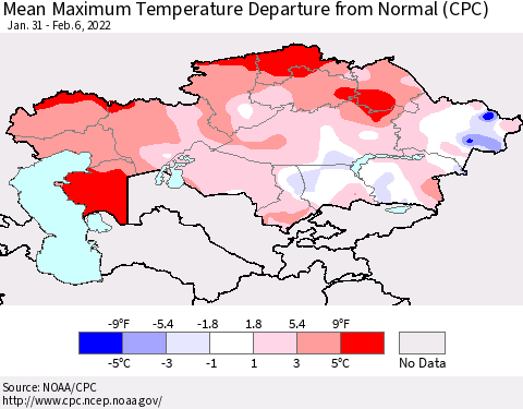 Kazakhstan Mean Maximum Temperature Departure from Normal (CPC) Thematic Map For 1/31/2022 - 2/6/2022
