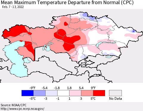 Kazakhstan Mean Maximum Temperature Departure from Normal (CPC) Thematic Map For 2/7/2022 - 2/13/2022