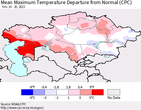 Kazakhstan Mean Maximum Temperature Departure from Normal (CPC) Thematic Map For 2/14/2022 - 2/20/2022