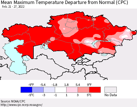 Kazakhstan Mean Maximum Temperature Departure from Normal (CPC) Thematic Map For 2/21/2022 - 2/27/2022