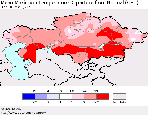 Kazakhstan Mean Maximum Temperature Departure from Normal (CPC) Thematic Map For 2/28/2022 - 3/6/2022