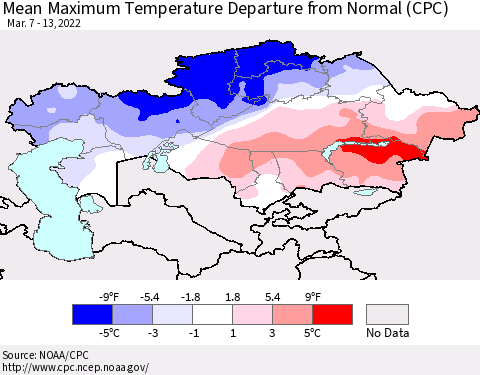 Kazakhstan Mean Maximum Temperature Departure from Normal (CPC) Thematic Map For 3/7/2022 - 3/13/2022