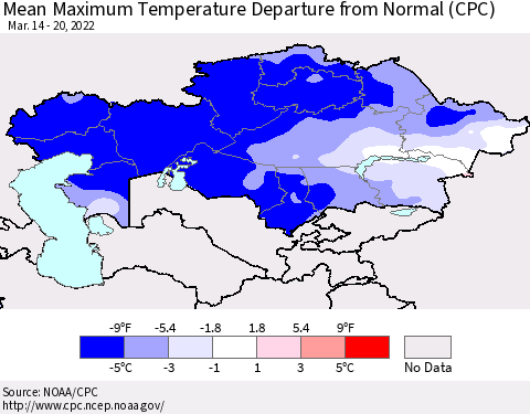 Kazakhstan Mean Maximum Temperature Departure from Normal (CPC) Thematic Map For 3/14/2022 - 3/20/2022