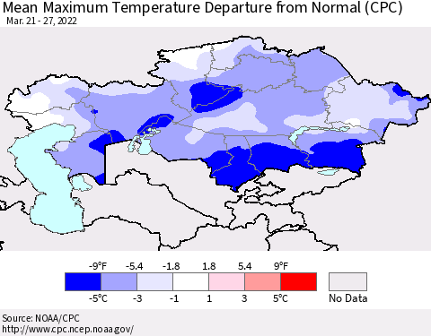 Kazakhstan Mean Maximum Temperature Departure from Normal (CPC) Thematic Map For 3/21/2022 - 3/27/2022