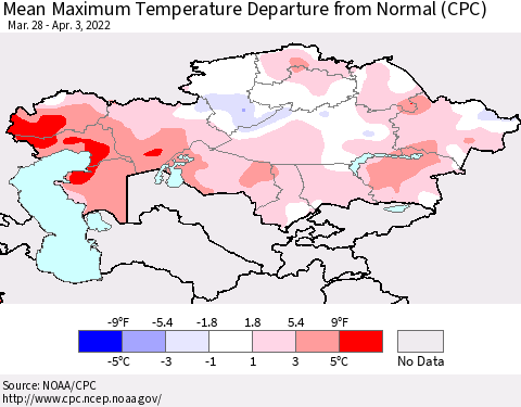 Kazakhstan Mean Maximum Temperature Departure from Normal (CPC) Thematic Map For 3/28/2022 - 4/3/2022