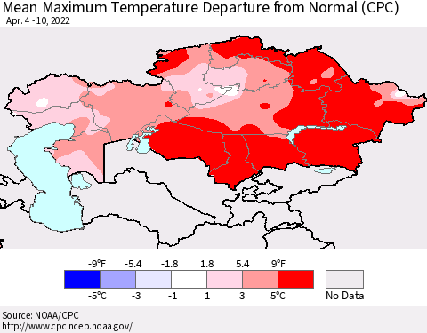 Kazakhstan Mean Maximum Temperature Departure from Normal (CPC) Thematic Map For 4/4/2022 - 4/10/2022