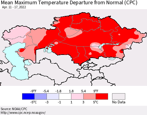 Kazakhstan Mean Maximum Temperature Departure from Normal (CPC) Thematic Map For 4/11/2022 - 4/17/2022