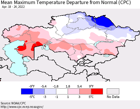 Kazakhstan Mean Maximum Temperature Departure from Normal (CPC) Thematic Map For 4/18/2022 - 4/24/2022