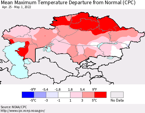 Kazakhstan Mean Maximum Temperature Departure from Normal (CPC) Thematic Map For 4/25/2022 - 5/1/2022