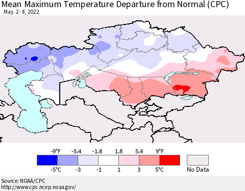 Kazakhstan Mean Maximum Temperature Departure from Normal (CPC) Thematic Map For 5/2/2022 - 5/8/2022