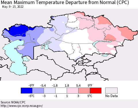 Kazakhstan Mean Maximum Temperature Departure from Normal (CPC) Thematic Map For 5/9/2022 - 5/15/2022