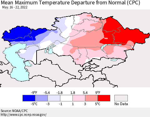Kazakhstan Mean Maximum Temperature Departure from Normal (CPC) Thematic Map For 5/16/2022 - 5/22/2022