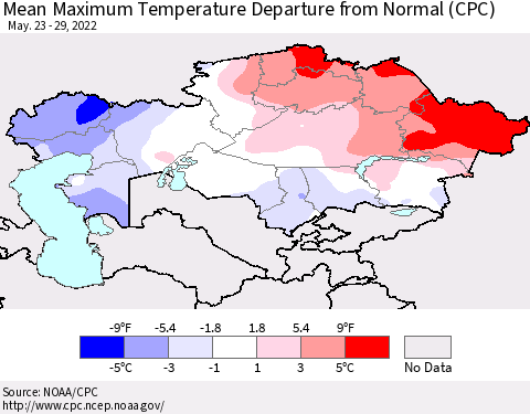 Kazakhstan Mean Maximum Temperature Departure from Normal (CPC) Thematic Map For 5/23/2022 - 5/29/2022