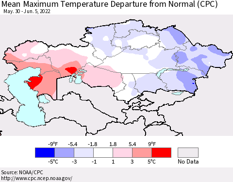 Kazakhstan Mean Maximum Temperature Departure from Normal (CPC) Thematic Map For 5/30/2022 - 6/5/2022