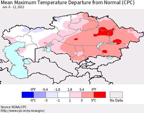 Kazakhstan Mean Maximum Temperature Departure from Normal (CPC) Thematic Map For 6/6/2022 - 6/12/2022