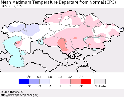 Kazakhstan Mean Maximum Temperature Departure from Normal (CPC) Thematic Map For 6/13/2022 - 6/19/2022