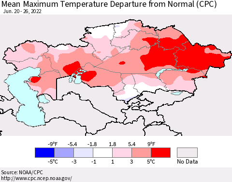 Kazakhstan Mean Maximum Temperature Departure from Normal (CPC) Thematic Map For 6/20/2022 - 6/26/2022