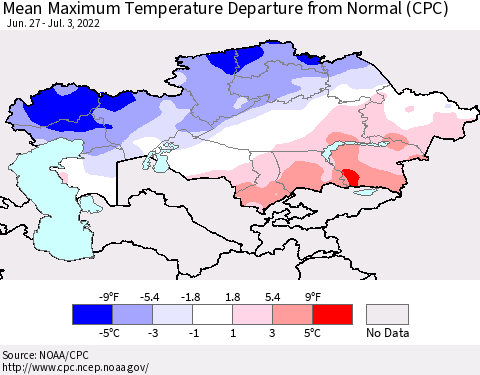 Kazakhstan Mean Maximum Temperature Departure from Normal (CPC) Thematic Map For 6/27/2022 - 7/3/2022