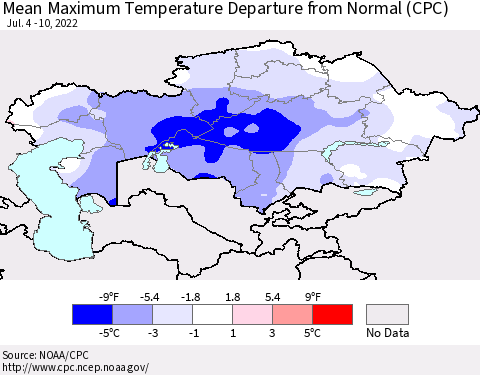 Kazakhstan Mean Maximum Temperature Departure from Normal (CPC) Thematic Map For 7/4/2022 - 7/10/2022