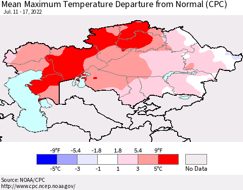 Kazakhstan Mean Maximum Temperature Departure from Normal (CPC) Thematic Map For 7/11/2022 - 7/17/2022