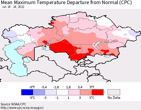 Kazakhstan Mean Maximum Temperature Departure from Normal (CPC) Thematic Map For 7/18/2022 - 7/24/2022