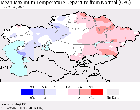 Kazakhstan Mean Maximum Temperature Departure from Normal (CPC) Thematic Map For 7/25/2022 - 7/31/2022