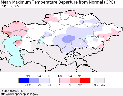Kazakhstan Mean Maximum Temperature Departure from Normal (CPC) Thematic Map For 8/1/2022 - 8/7/2022
