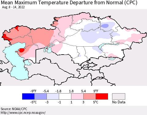 Kazakhstan Mean Maximum Temperature Departure from Normal (CPC) Thematic Map For 8/8/2022 - 8/14/2022