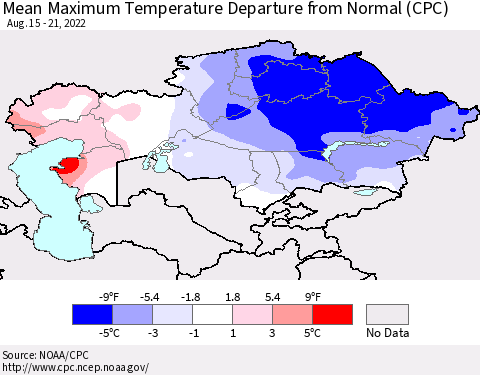 Kazakhstan Mean Maximum Temperature Departure from Normal (CPC) Thematic Map For 8/15/2022 - 8/21/2022