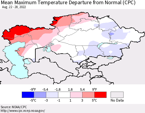 Kazakhstan Mean Maximum Temperature Departure from Normal (CPC) Thematic Map For 8/22/2022 - 8/28/2022