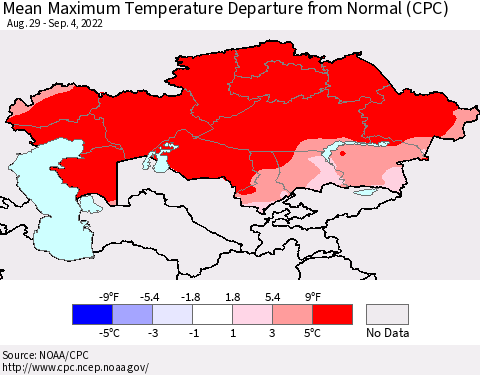Kazakhstan Mean Maximum Temperature Departure from Normal (CPC) Thematic Map For 8/29/2022 - 9/4/2022