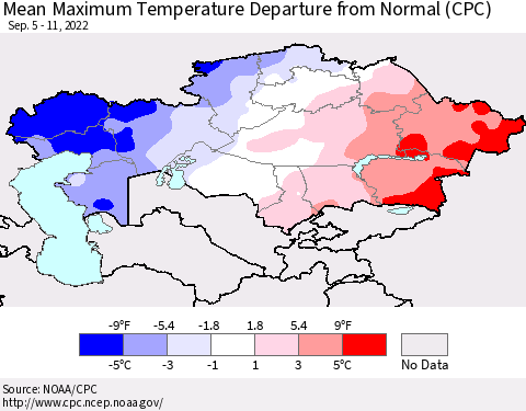 Kazakhstan Mean Maximum Temperature Departure from Normal (CPC) Thematic Map For 9/5/2022 - 9/11/2022