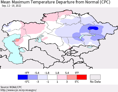 Kazakhstan Mean Maximum Temperature Departure from Normal (CPC) Thematic Map For 9/12/2022 - 9/18/2022