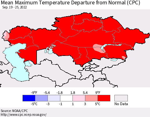 Kazakhstan Mean Maximum Temperature Departure from Normal (CPC) Thematic Map For 9/19/2022 - 9/25/2022