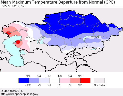 Kazakhstan Mean Maximum Temperature Departure from Normal (CPC) Thematic Map For 9/26/2022 - 10/2/2022